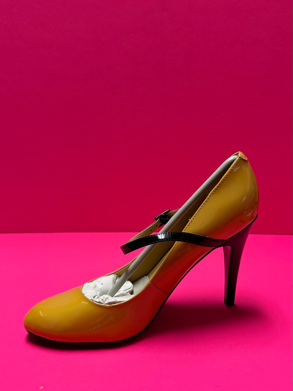Nine West Yellow Patent Mary Jane Pump with Black Strap